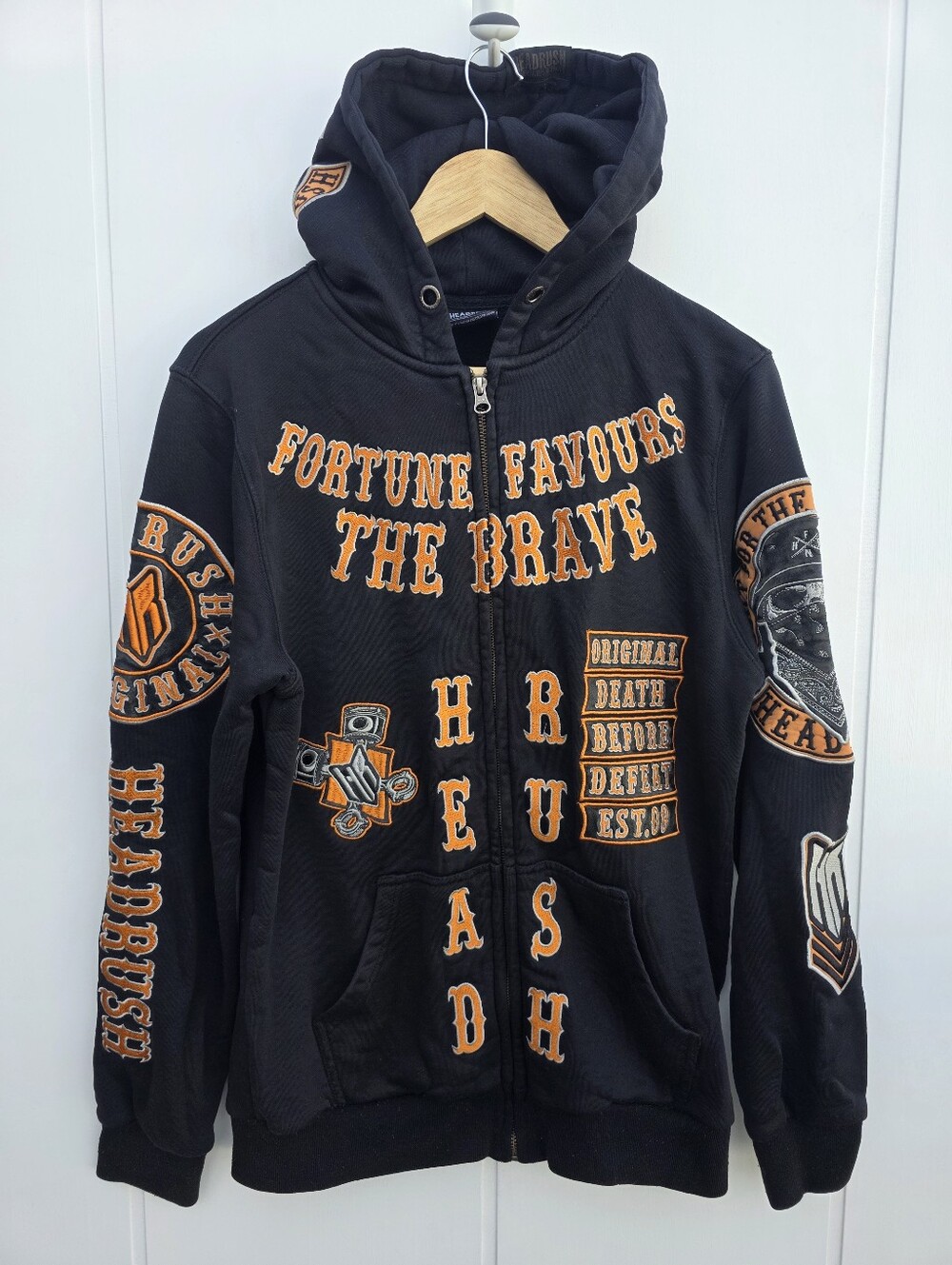 Headrush Fortune Favors The Brave Black Orange Zip Up Hooded Hoodie Small